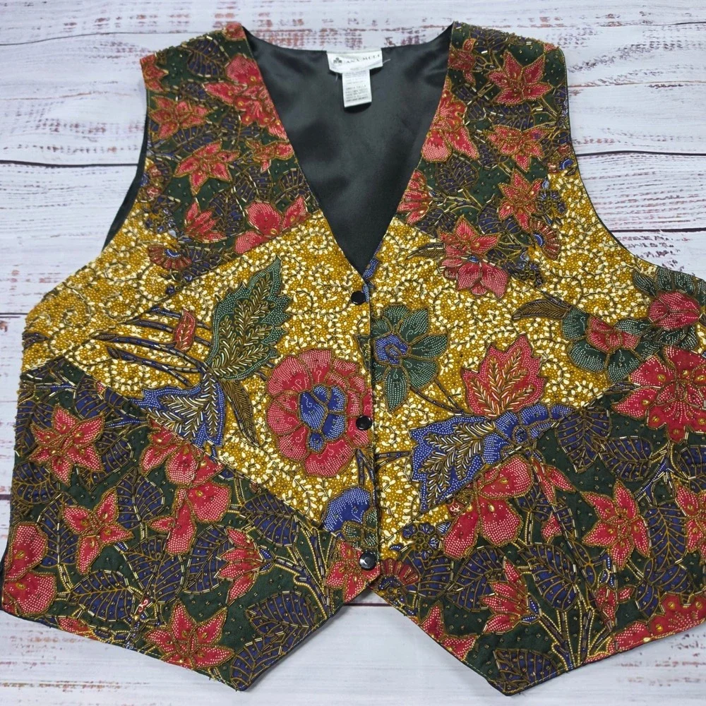Ana Mori Vest Men One Size Multicolor Excellent Beaded Batik Floral Waistcoat